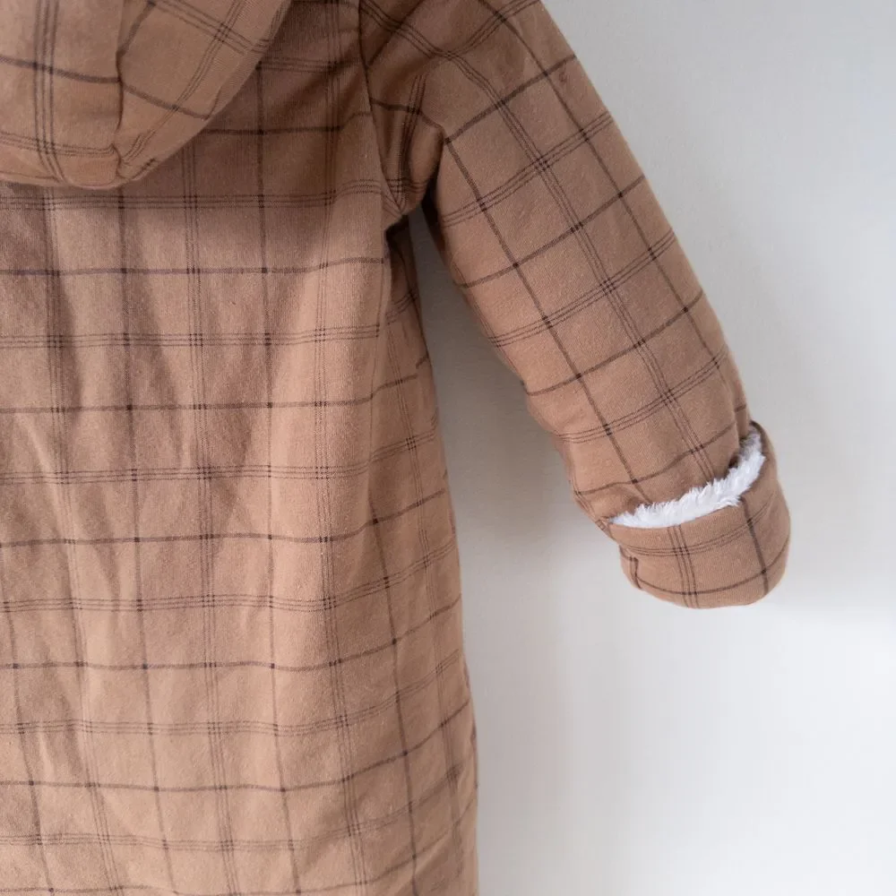 Baby Gap Plaid Hooded Sherpa Fleece Lined Pram Suit Winter Warm Brown Baby 6-12m